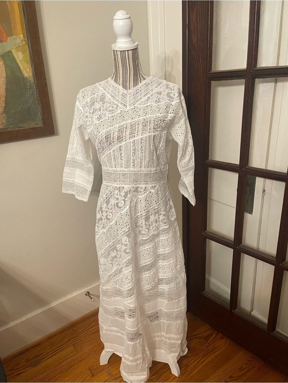 White Lace V‑Neck Maxi Dress with Three-Quarter Sleeves